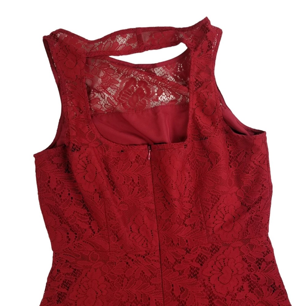 BB Dakota Red Fit & Flare Mini Dress Crew Neck Lace Open Back Women's Size 6 - Picture 9 of 16